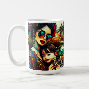 Caneca De Café Arte Colorido Mãe e Filha Jardim de Flores Asiátic