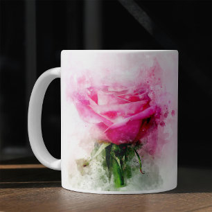 Caneca De Café Arte de Aquarela de Rosa Rosa em Fundo Branco