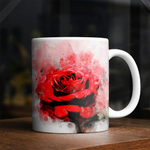 Caneca De Café Arte de Aquarela de Rosa Vermelha em Fundo Branco