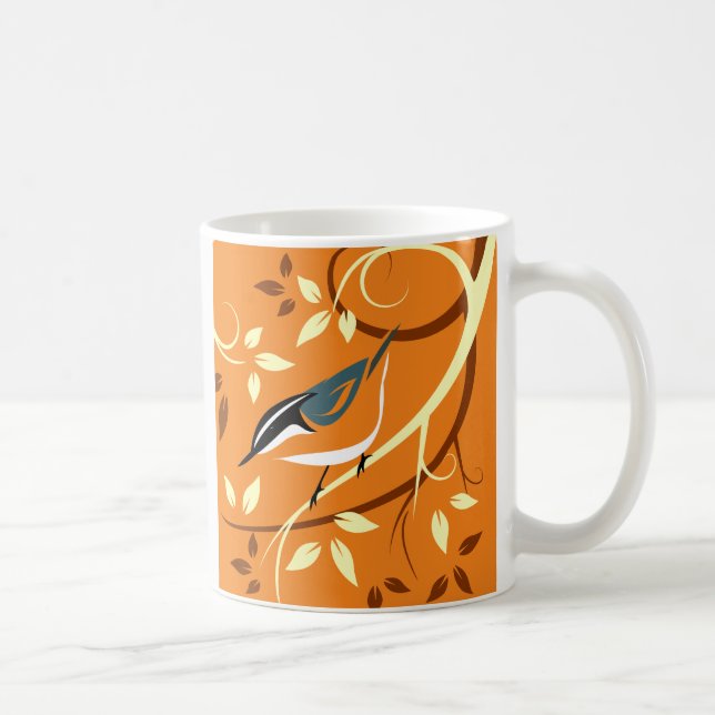 Caneca De Café Arte de Aves Estilizada - Nuthatch (Direita)