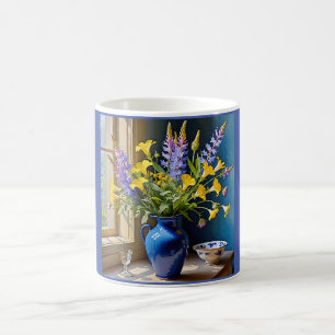 Caneca De Café Arte de Buquê Azul Amarelo Roxo