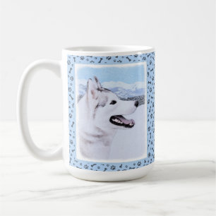Caneca De Café Arte de Cão Siberiana (Prata e Branca)