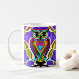 Caneca De Café Arte de Coruja Whimsical AI com Penas Coloridas