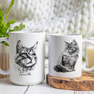 Caneca De Café Arte de Desenho de Cabeça de Gato Gravada Preta