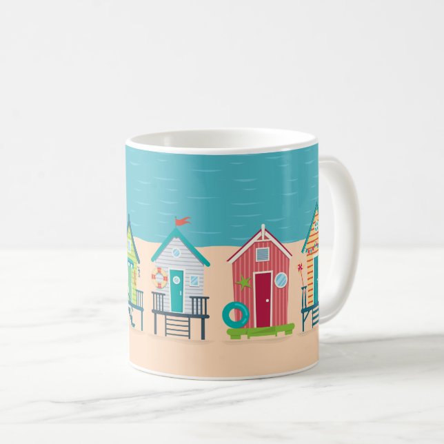 Caneca De Café Arte de Férias de Verão, Cute Modern Beach Huts (Frente Esquerda)