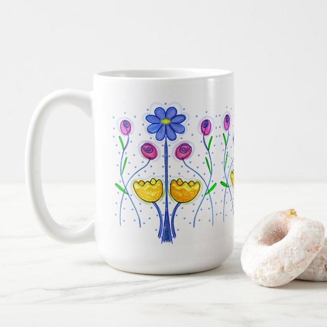 Caneca De Café Arte De Flor Básico Em Amarelo Azul De Linha (Com Donut)