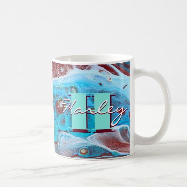 Caneca De Café Arte de Fluxo Acrílico de Cobre e Teal (Direita)