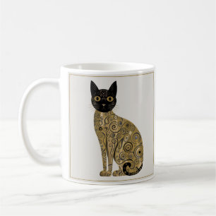 Caneca De Café Arte de Gato Preto Decorativo Dourado no Estilo Gu