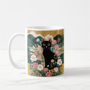 Caneca De Café Arte de Gato Preto Decorativo Dourado no Estilo Gu