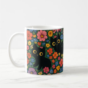 Caneca De Café Arte de Jardim Kawaii Padrão Floral de Gato Pret
