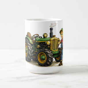 Caneca De Café Arte de Menino Fazendeiro Fofo com Trator Verde An