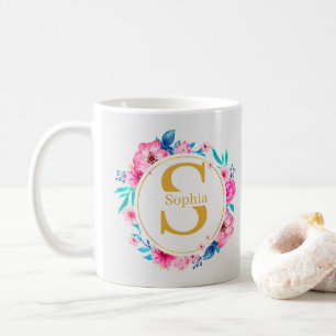Caneca De Café Arte de Monograma I Inicial Dourada e Rosa em Aqua