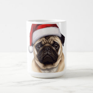 Caneca De Café Arte de Natal Alegre com Cachorro Pug usando Chapé