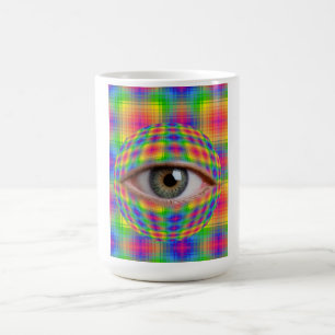 Caneca De Café Arte de Olho Trippy Olho Xadrez Arco-Íris Surrea