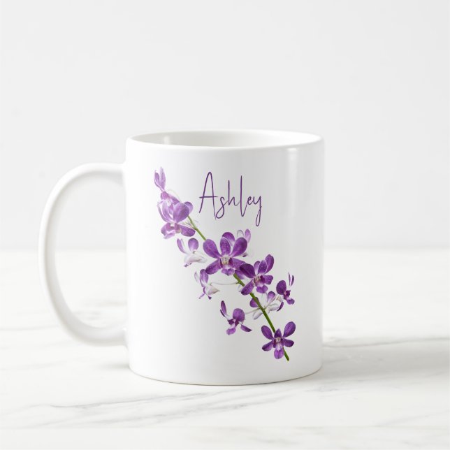 Caneca De Café Arte de orquídea de dendrobio roxa personalizada (Esquerda)
