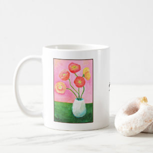 Caneca De Café Arte de Papoula Bonita Personalizada com Nome Flor