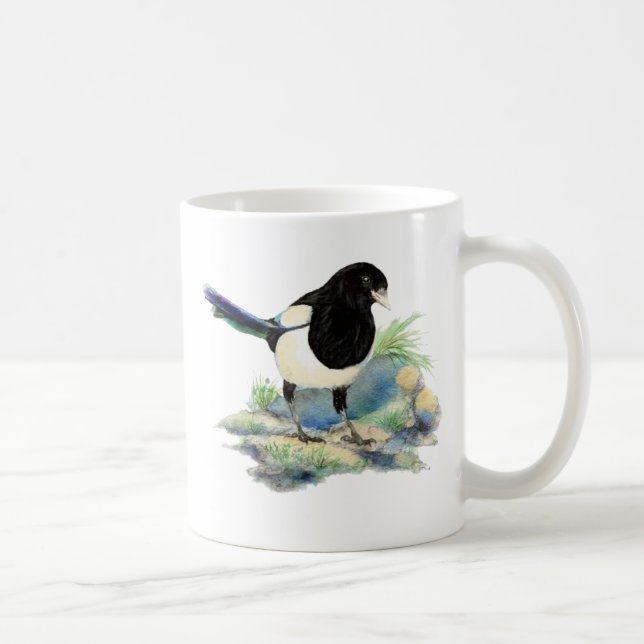 Caneca De Café Arte de Pássaro de Magpie com Aquarela Curiosa (Direita)