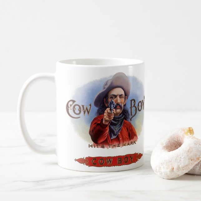 Caneca De Café Arte de Rótulo de Charuto Antigo, Cowboy Acerta o  (Com Donut)