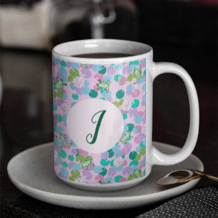 Caneca De Café Arte de Sapo Fofo Lírio de Água Rosa Monograma Per