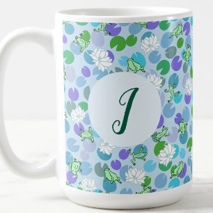Caneca De Café Arte de Sapo Fofo Lírios de Água Azul Monograma Pe