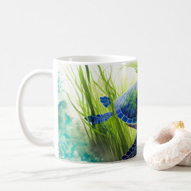 Caneca De Café Arte de Tartaruga Azul (Com Donut)