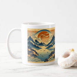 Caneca De Café Arte de templo de lago ao pôr do sol em montanha c