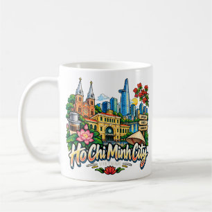 Caneca De Café Arte de Viagem Desenhada à Mão Cidade de Ho Chi Mi