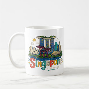 Caneca De Café Arte de Viagem Desenhada à Mão Marco de Singapura