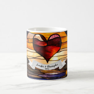 Caneca De Café Arte de Vidro Pintado Pôr do Sol Coração Romântico