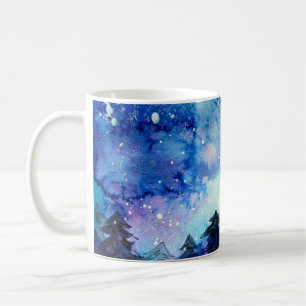 Caneca De Café Arte do Espaço de Aquarela: Árvores do Céu Noturno