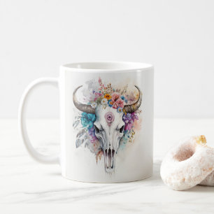 Caneca De Café Arte em Aquarela de Crânio de Touro Floral