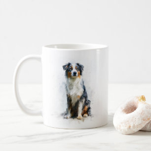 Caneca De Café Arte em Aquarela do Australian Shepherd Tricolor