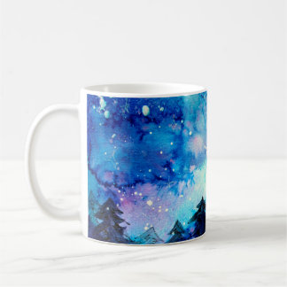 Caneca De Café Arte espacial em aquarela com céu noturno e árvore