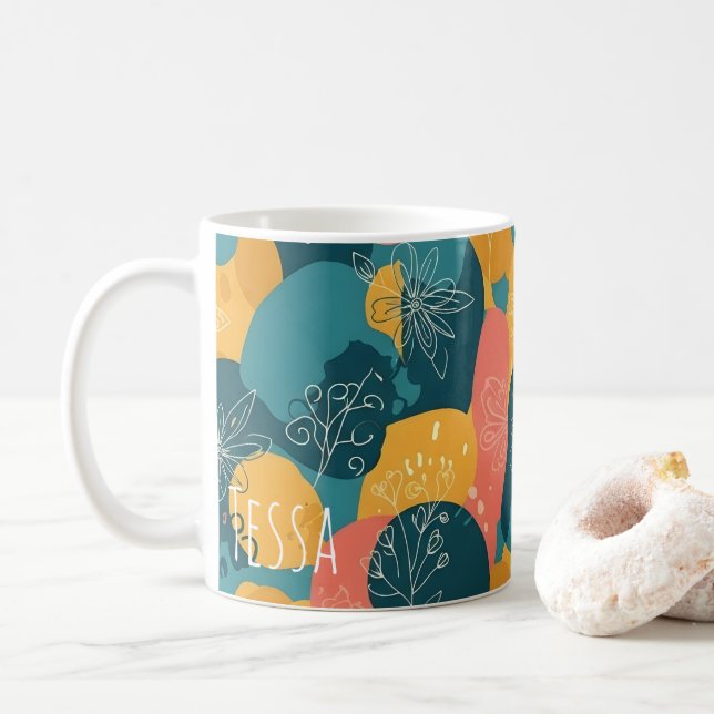 Caneca De Café Arte Excêntrica Funky Retro em Verde Água e Amarel (Com Donut)