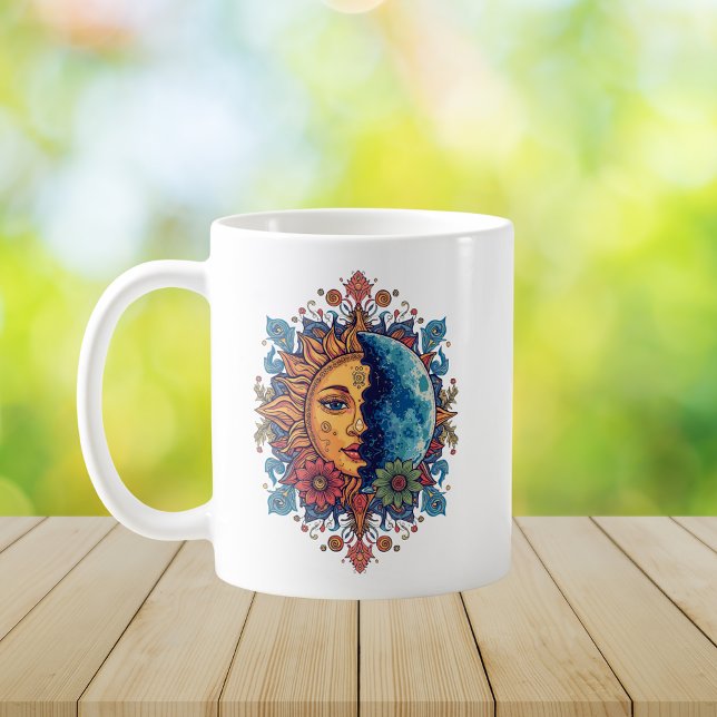 Caneca De Café Arte Floral Boho Sol e Lua Psicodélico (Criador carregado)