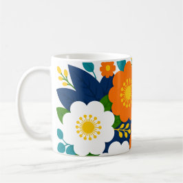 Caneca De Café Arte Floral Colorido com Flores de Laranja e Branc