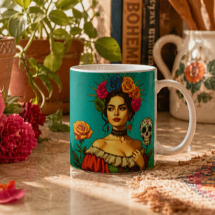 Caneca De Café Arte Floral de Retrato Inspirada em Frida