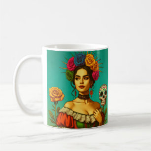 Caneca De Café Arte Floral de Retrato Inspirada em Frida