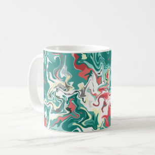 Caneca De Café Arte Fluido Abstrato em Verde, Branco e Vermelho 