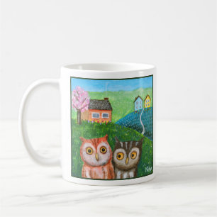 Caneca De Café Arte Folclórica Divertida de Corujas Fofas Paisage