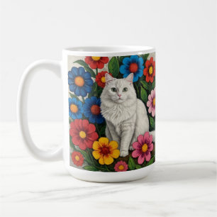 Caneca De Café Arte Folclórica Gato e Flores