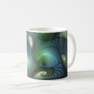 Caneca De Café Arte fractal abstrata espiral turquesa bege verde