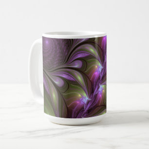 Caneca De Café Arte Fractal de Khaki, Abstrato violeta e colorida