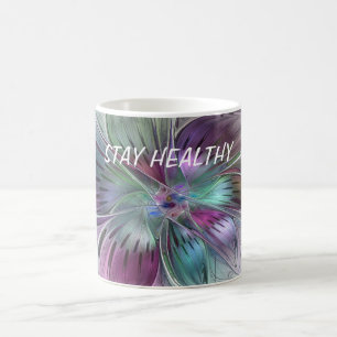 Caneca De Café Arte Fractal Floral Flor Abstrata Colorida Texto