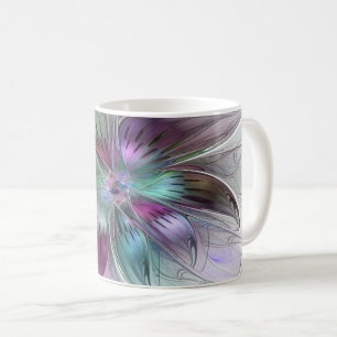 Caneca De Café Arte fractal floral moderna flor abstrata colorida