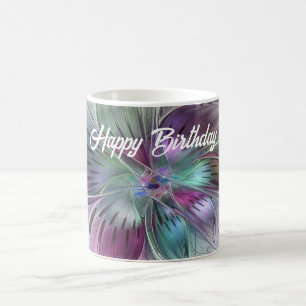 Caneca De Café Arte Fractal Moderna Floral Colorida Abstrato
