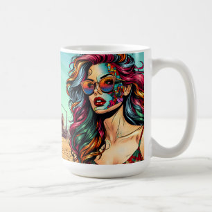 Caneca De Café Arte Fracturada   Mulher Abstrata na Praia