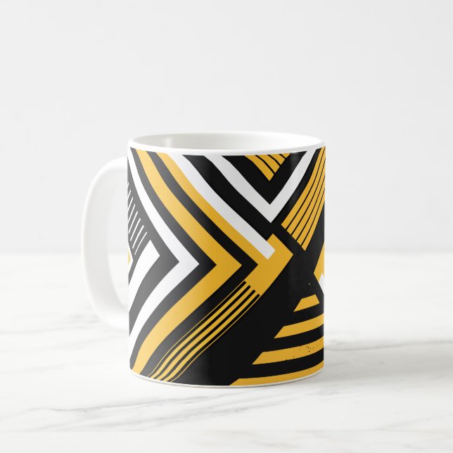 Caneca De Café Arte Geométrica com Formas Amarelas, Pretas e Bran (Frente Esquerda)