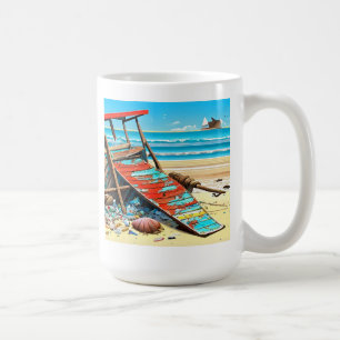 Caneca De Café Arte gerada por IA de Praia Abandonada com Barco D