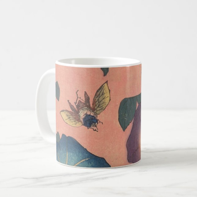 Caneca De Café Arte Hokusai Clássica de Flor Rosa (Frente Esquerda)